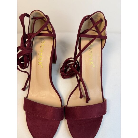 Allegra K Women's Size 9 Burgundy Open Toe Lace Up Chunky High Heel Sandals - Picture 3 of 11